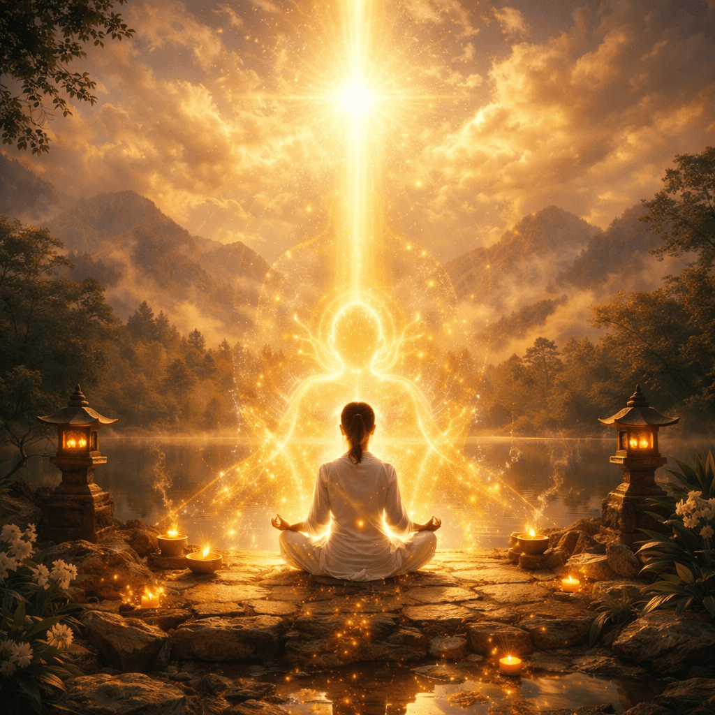 Person meditating cross-legged on stone platform by lake with golden light beam