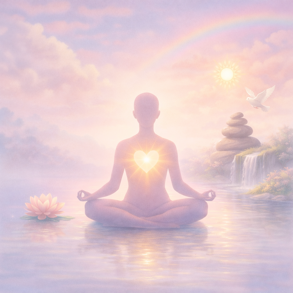 Silhouette meditating with glowing heart, broken hearts, magnet, lotus, dove, waterfall, and book titled Manifest